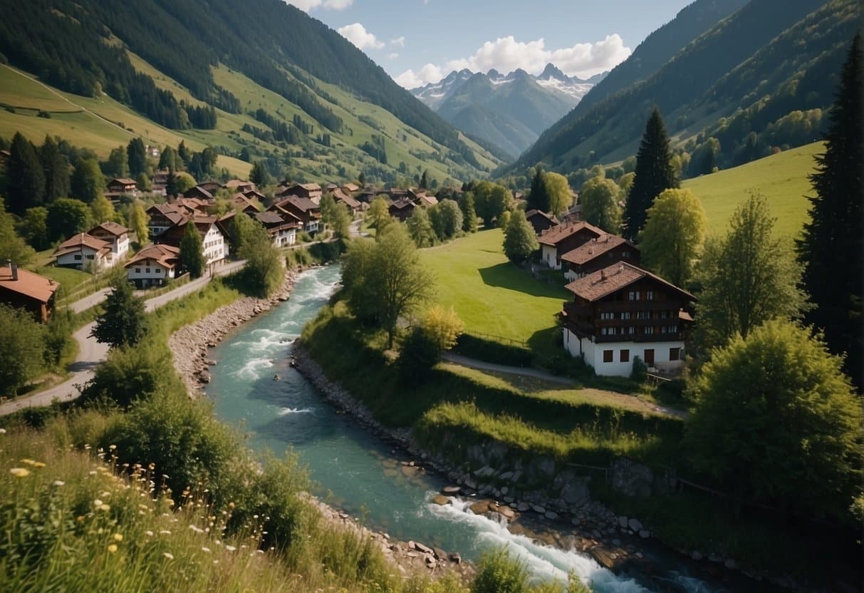 A serene mountain landscape with a winding river, lush green forests, and a quaint Swiss village nestled in the valley