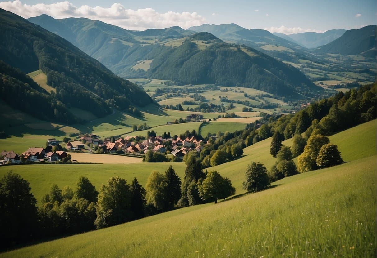 The Jura region in Switzerland, showcasing sustainable tourism. Rolling hills, lush greenery, and charming villages nestled among the mountains