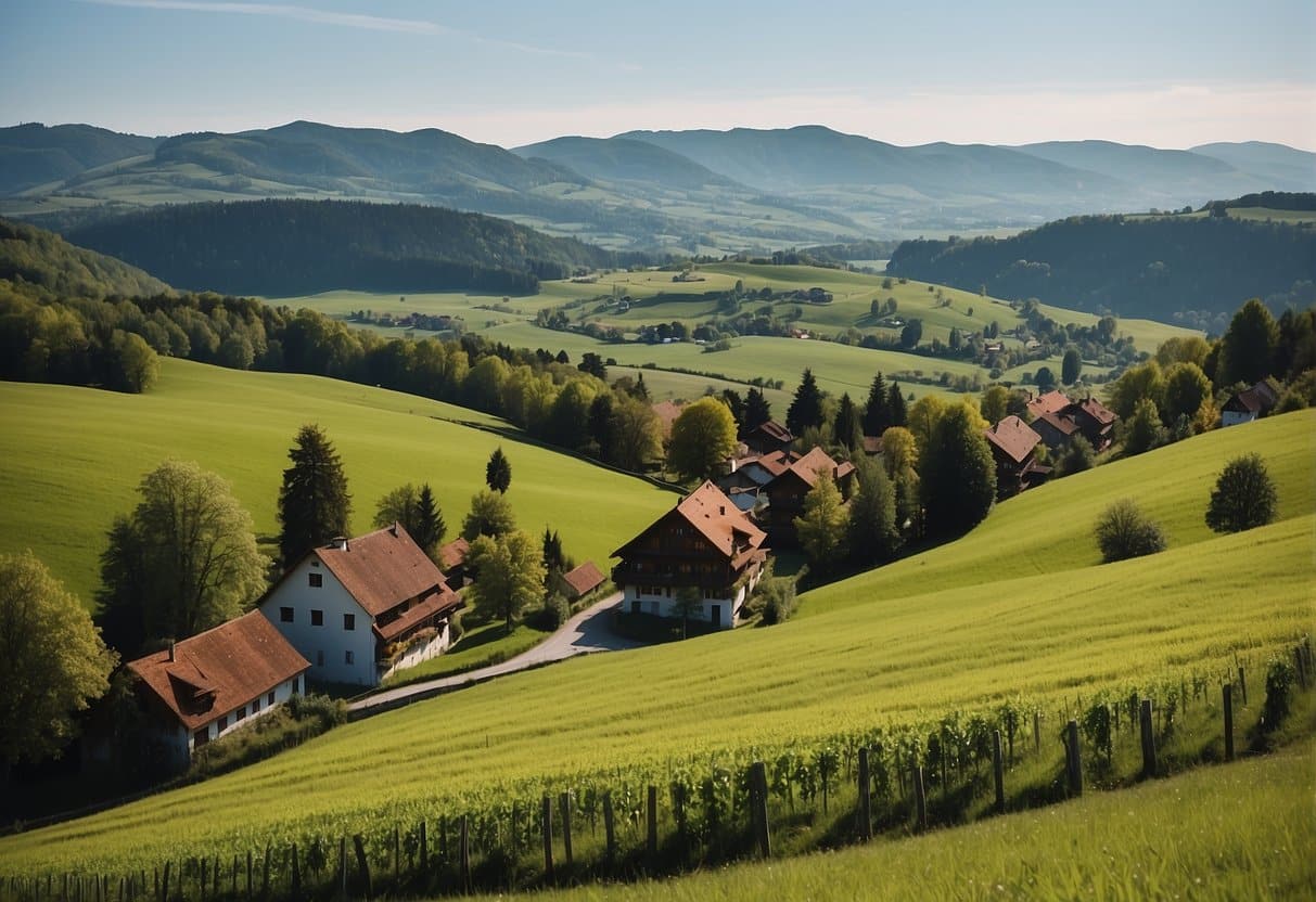 A serene landscape of Swiss Jura with rolling green hills, clear blue skies, and a peaceful village nestled in the valley