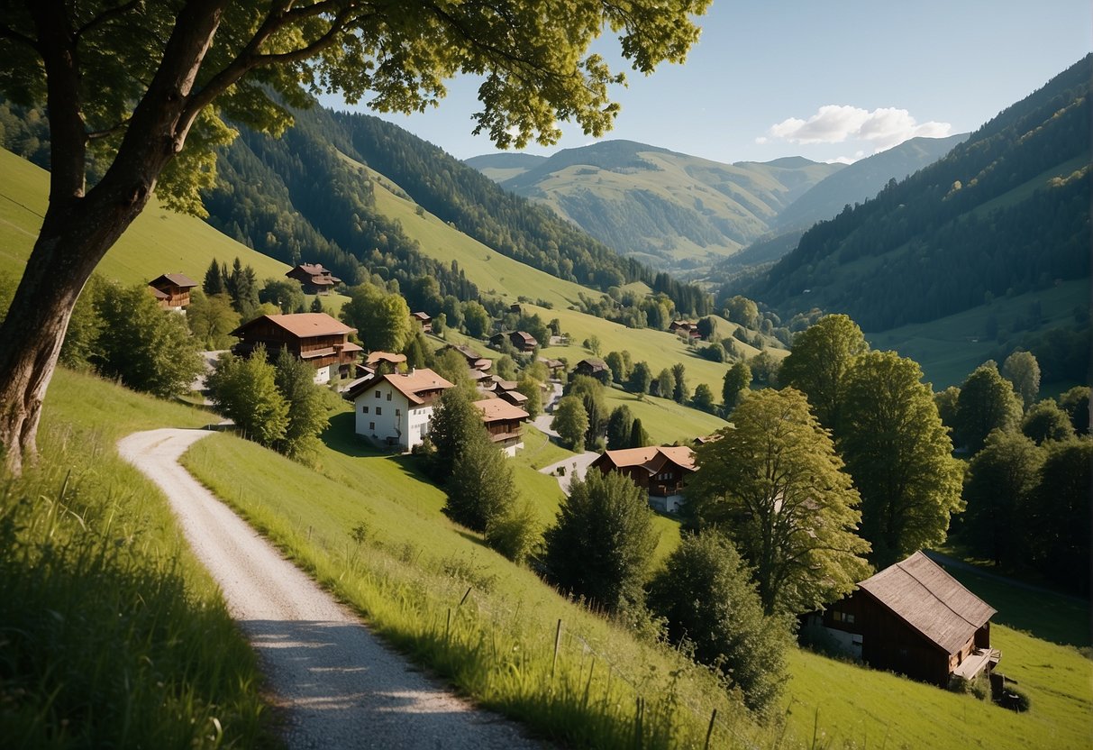 A serene landscape in the Swiss Jura region, with rolling hills, lush greenery, and a clear blue sky. A small village nestled among the mountains, with traditional Swiss chalet-style buildings and a winding river running through the scene