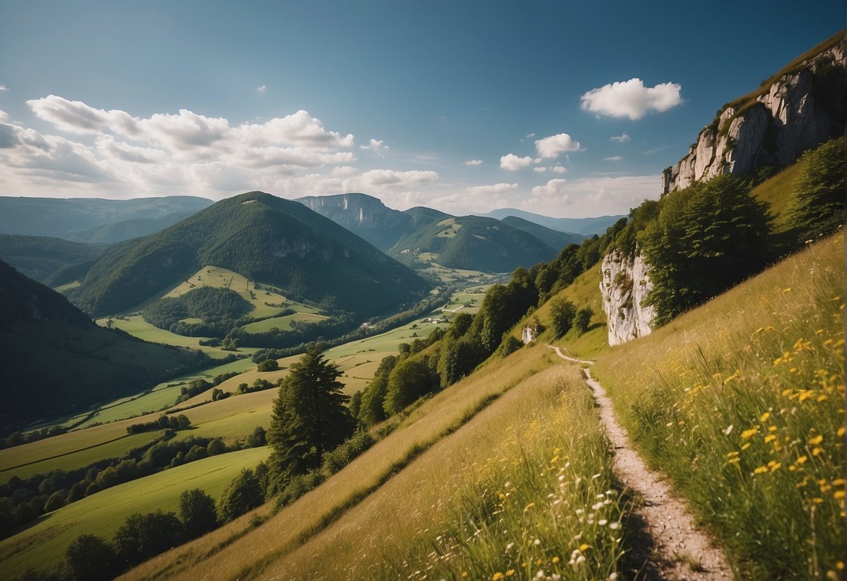 Scenic Jura landscape with sustainable tourism activities, showcasing hiking trails, local wildlife, and eco-friendly accommodations