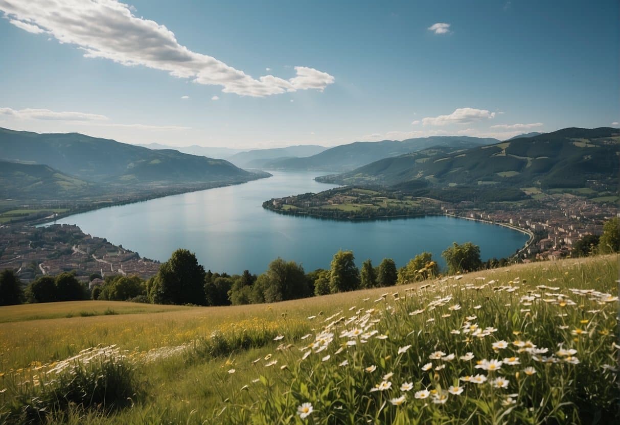 A serene landscape of Geneva's picturesque countryside, with rolling green hills, clear blue lakes, and vibrant wildflowers. A balance of nature and modern infrastructure, showcasing sustainable tourism in the Swiss canton
