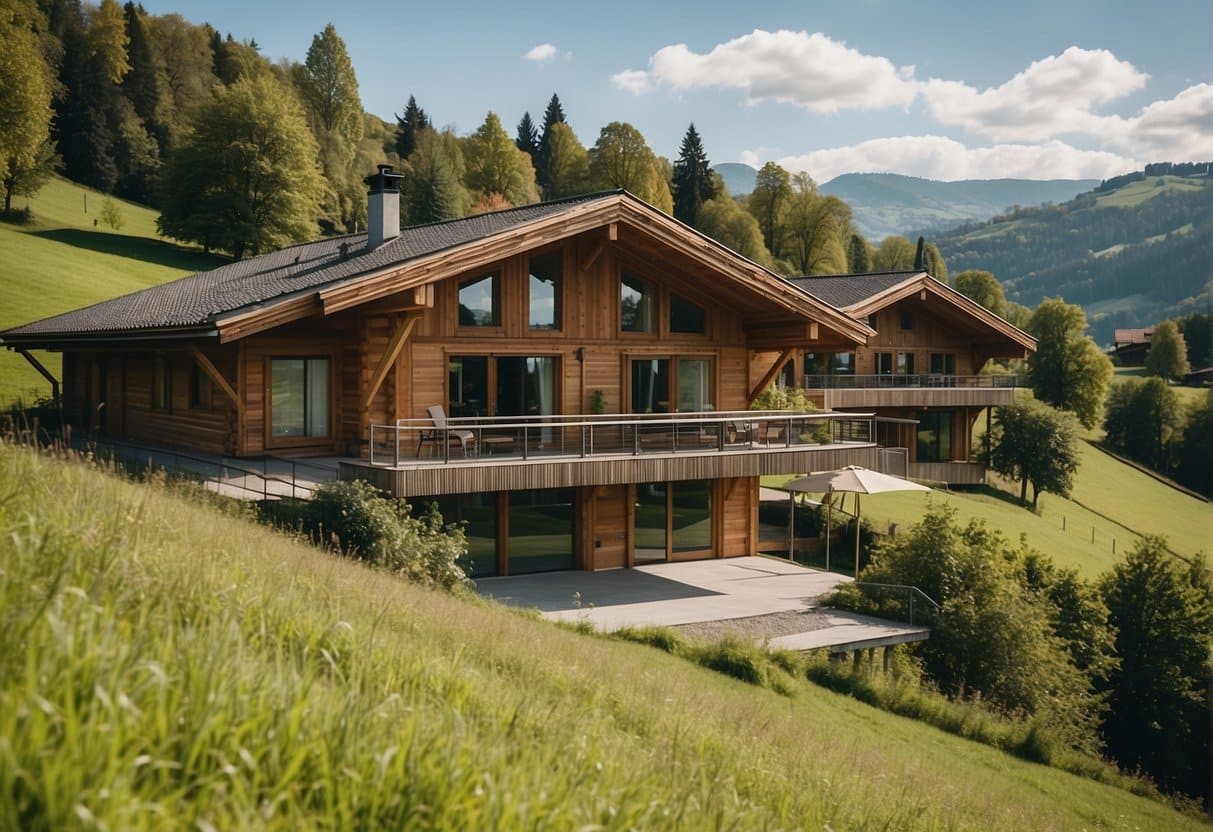 A sustainable lodge nestled in the scenic Aargau region of Switzerland, surrounded by lush greenery and tranquil landscapes