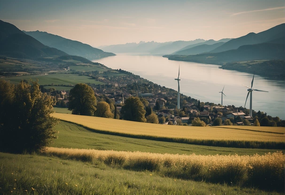 A serene Swiss landscape in Geneva, with renewable energy sources and sustainable tourism practices evident
