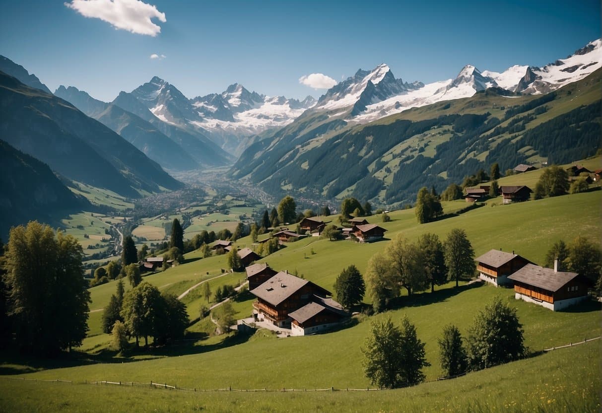 A scenic alpine landscape in the Swiss canton of Wallis, featuring snow-capped mountains, lush green valleys, and traditional Swiss chalets
