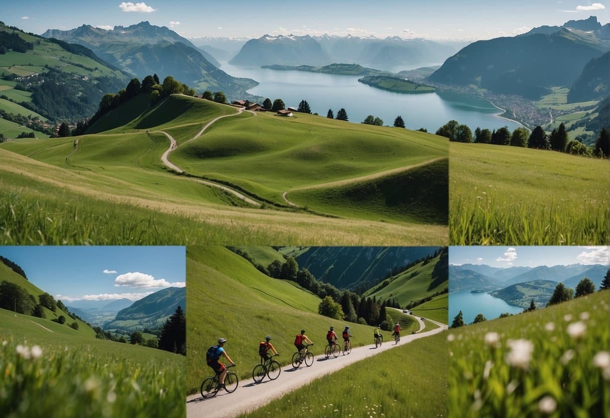 A serene landscape of rolling green hills and crystal-clear lakes in the Swiss canton of Vaud, with cyclists and hikers enjoying the sustainable tourism activities