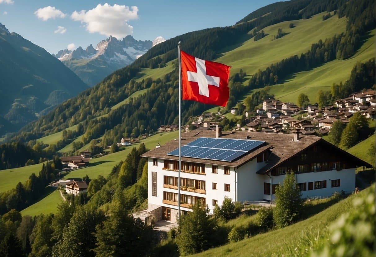 A mountainous landscape with a Swiss flag flying atop a sustainable building, surrounded by renewable energy sources and lush greenery