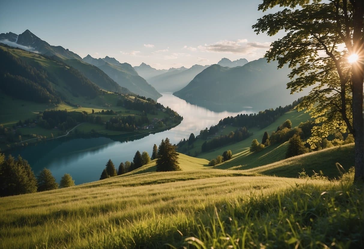 A lush Swiss landscape with rolling hills, pristine lakes, and vibrant forests, showcasing a commitment to environmental consciousness and sustainability
