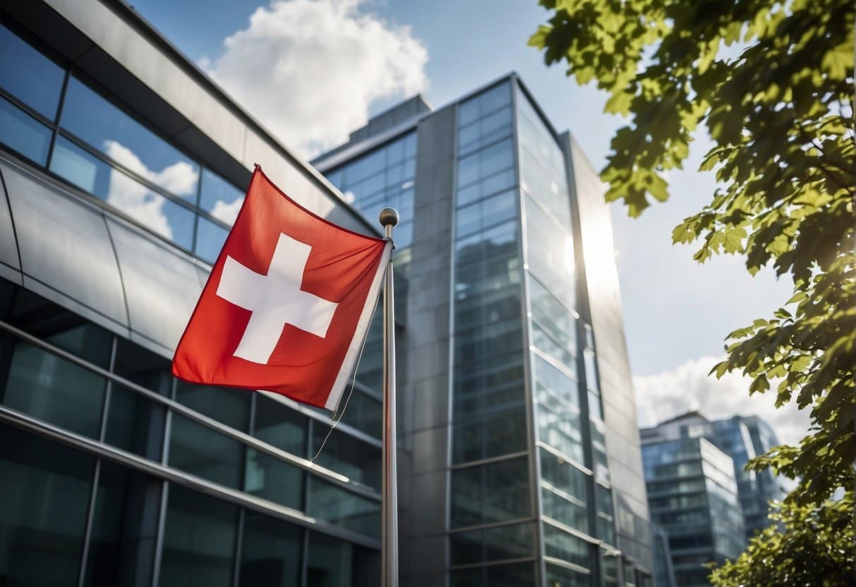 A Swiss flag flies proudly outside a modern, eco-friendly office building. Solar panels line the roof, and a recycling station sits near the entrance