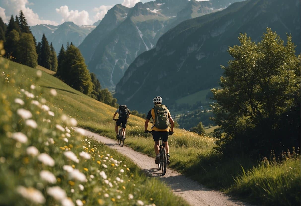 A serene Swiss landscape with sustainable activities such as hiking, cycling, and local food experiences