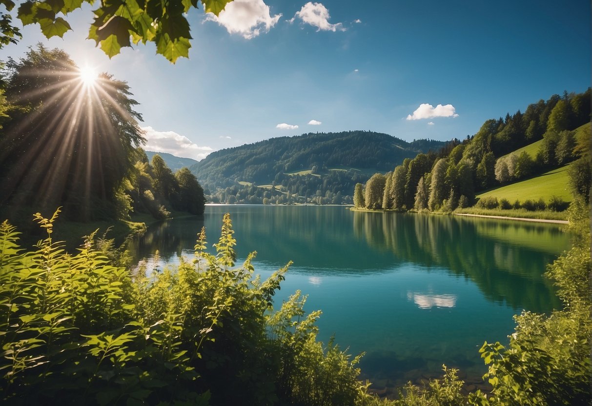 A serene lake surrounded by lush greenery in Aargau, Switzerland. Sustainable tourism in the region
