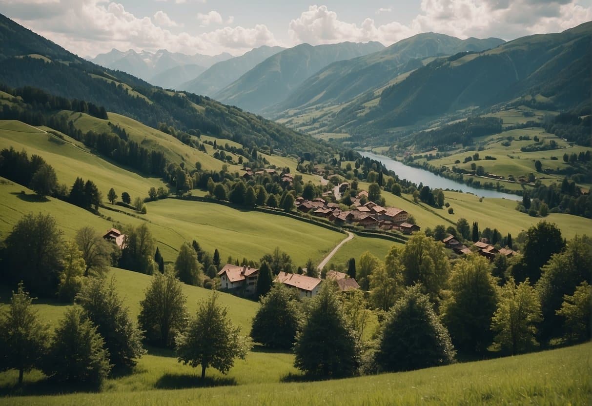 A serene Swiss landscape with rolling hills, a winding river, and quaint villages nestled among lush greenery