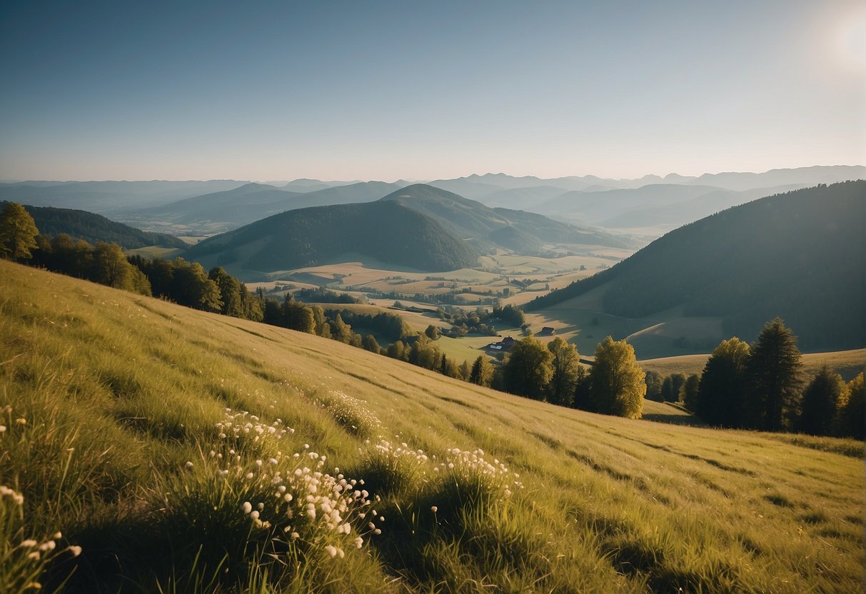 A serene landscape of Swiss Jura showcasing sustainable tourism practices with eco-friendly accommodations, renewable energy sources, and local community involvement