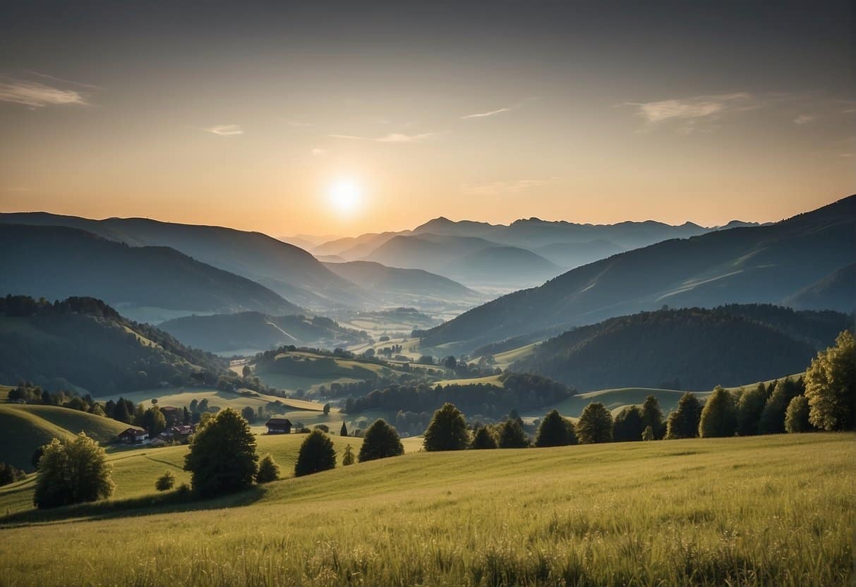 A serene mountain landscape in the Swiss Jura region, featuring sustainable tourism infrastructure and services